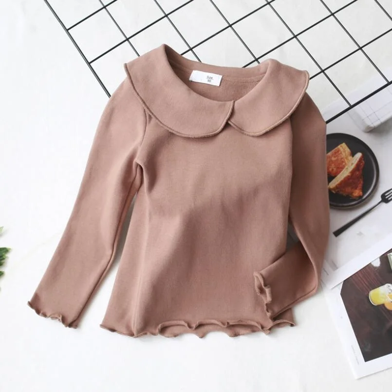 coffee girls tops Блузка для девочек хлопковая Футболка с воротником «Питер Пэн» Детские рубашки Однотонная рубашка с длинными рукавами для малышей футболка для девочек топы, детская одежда - Цвет: coffee girls tops