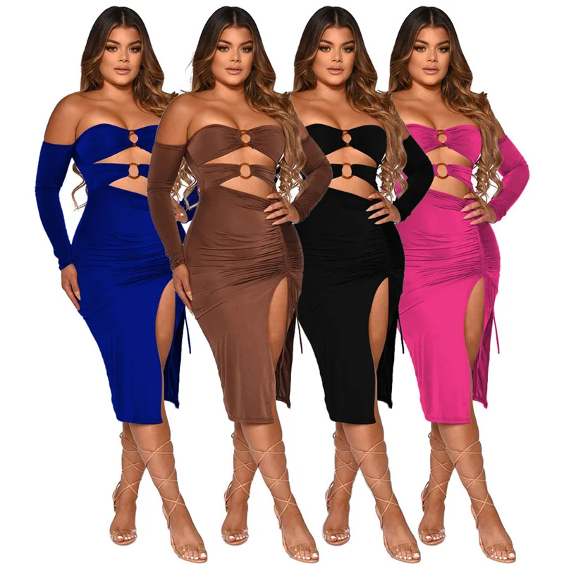 

Sexy night party dress slit cut women's off-shoulder dress long-sleeved tight-fitting ruffled laminated hollow pencil skirt