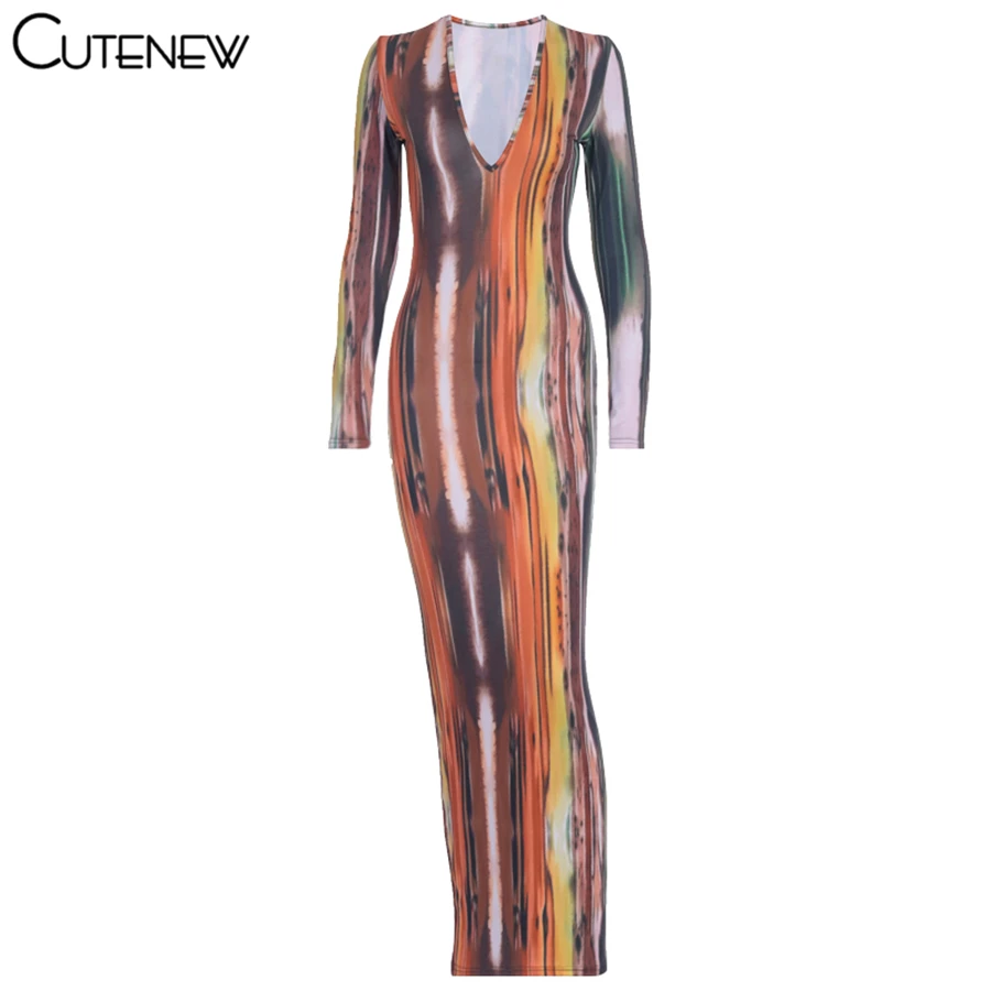 

Cutenew Colorful Print Long Sleeve V-Neck Bodycon Maxi Dress Women Outfits Summer Elegant Casual Slim Stretch Lady Party Dresses