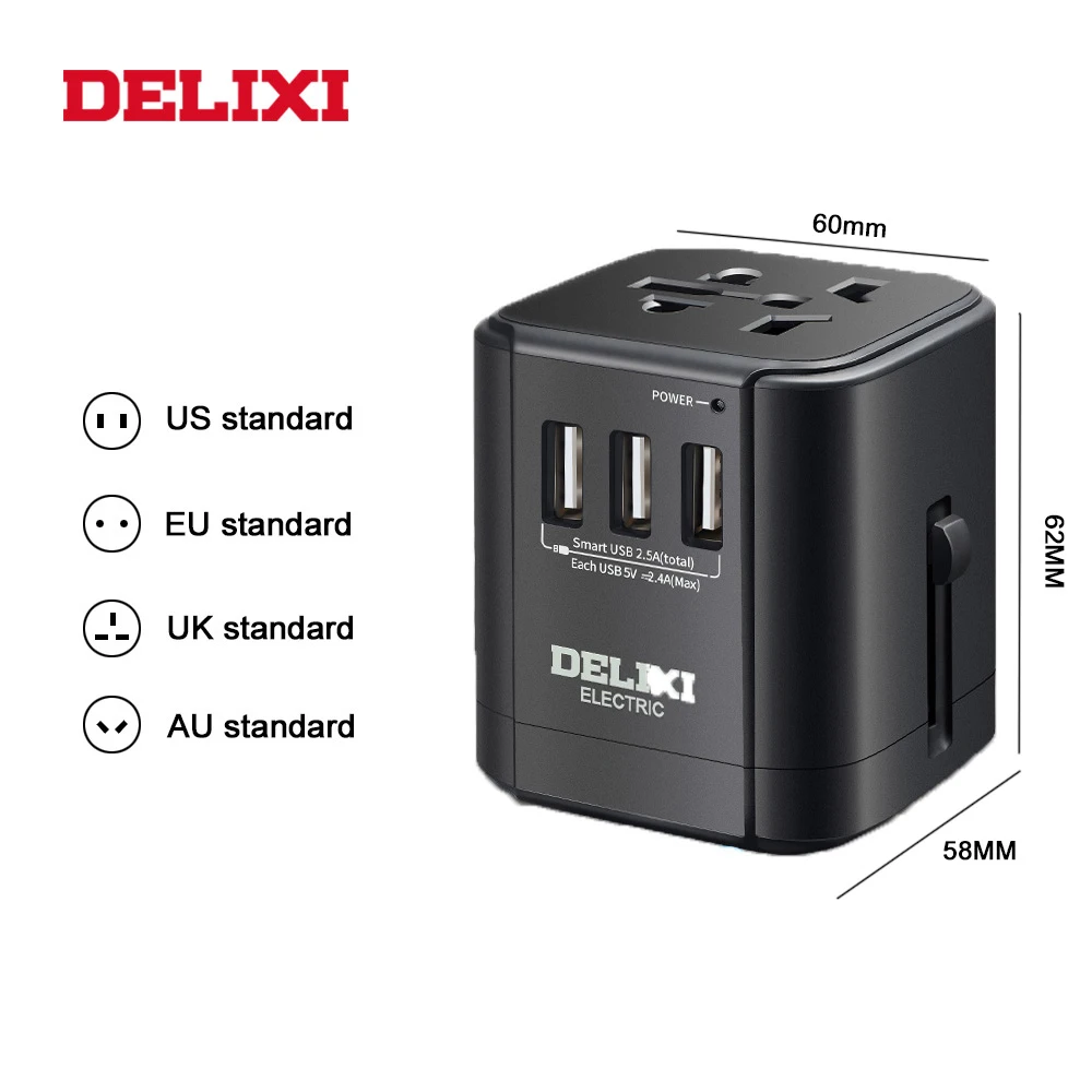 DELIXI Универсальный дорожный адаптер Все в одном с 6.3A 3 USB по всему миру настенное
