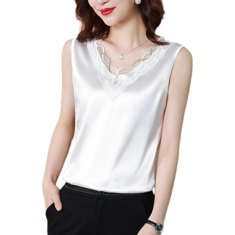 

Summer Korean Fashion Silk Women Tank Top Lace Satin Sleeveless Office Lady Tops Loose Black Tops for Women