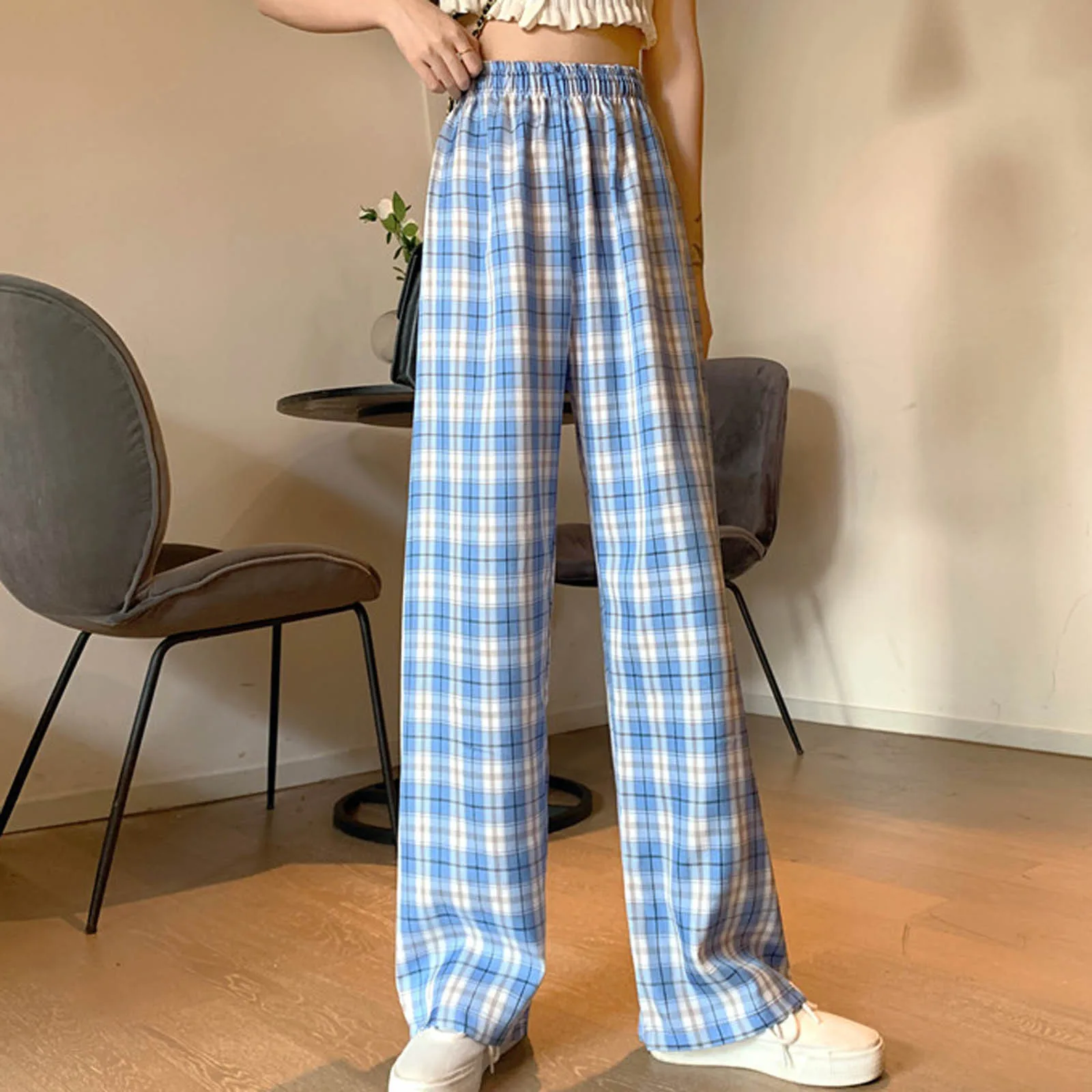 

Spring&Summer Check Wide-leg Pants Fashion Women Casual Plaid Loose High Waist Ladies Wide Leg Trousers Long Pants