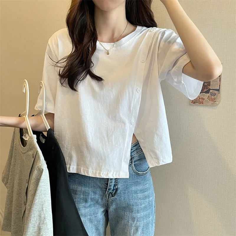 

Women's Thin Summer New Trendy Design Sense Niche Chic White Split Short Top Short Sleeve O Neck Slim Fit T-Shirts