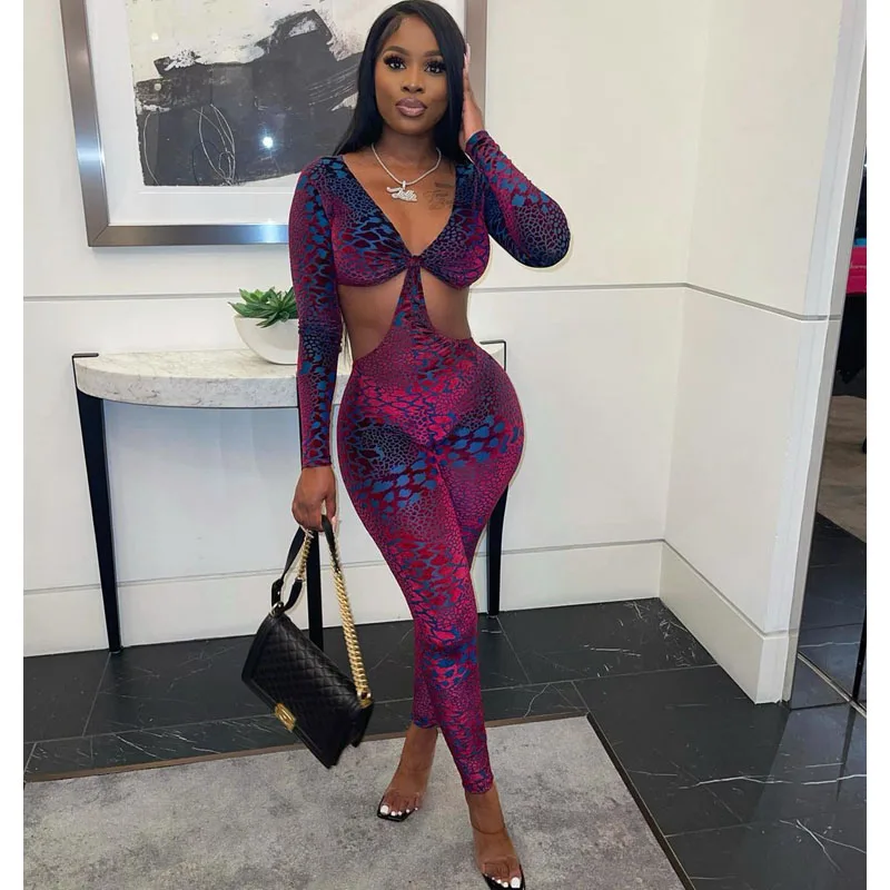 

Fall Clothes Solid V-neck Fashion Print Jumpsuit Women Sexy Bodysuit Romper One Piece Outfits Nightclub Overalls Wholesale Items