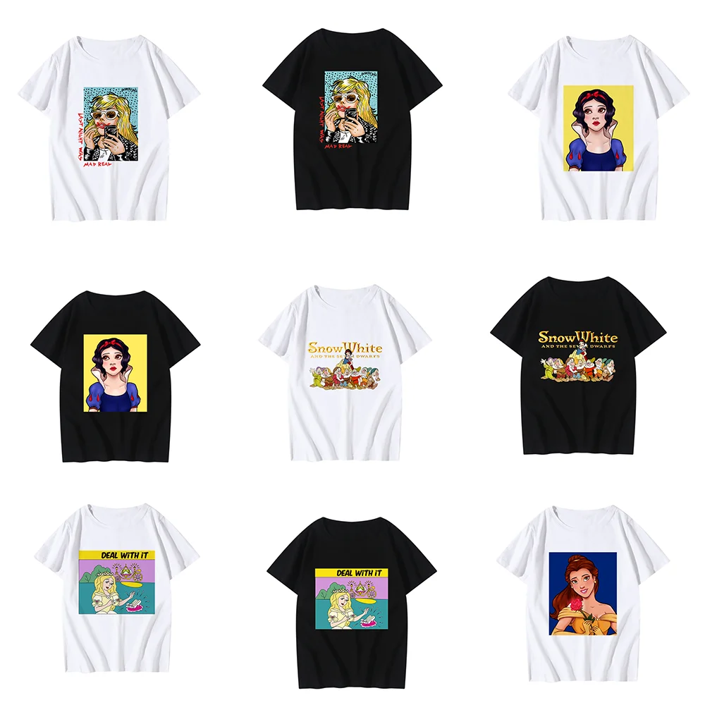

Disney Women Tshirt Kawaii Princess Print Cartoon O-Neck Casual Graphic Streetwear T-shirts Female Clothes Summer Tee Tops