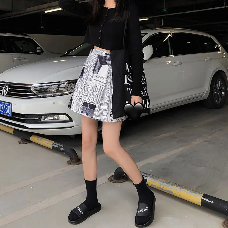 Женская юбка с высокой талией SML летняя мини-юбка принтом газет в стиле преппи