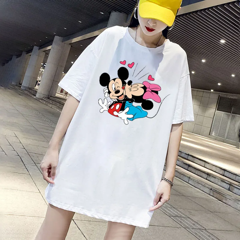 

Tshirt Dresses Casual Women Mickey Print Cartoon Mini Dress Short Sleeve White Casual Loose Harajuku Robes Vestidos Summer 2021