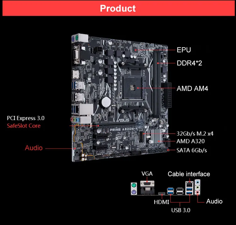 Материнская плата ASUS PRIME A320M-K AMD Ryzen AM4 DDR4 HDMI VGA M.2 USB 3,1 Micro-ATX
