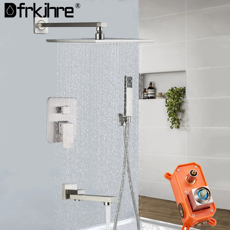 

Rainfall Shower Faucet Set Wall Mount Brushed Nickel Concealed Bathroom Faucets System 16'' Head With Swivel Tub Spout Mixer Tap