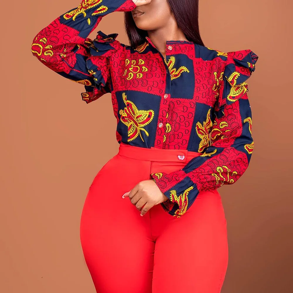 

Рубашка женская в африканском стиле, модная блузка в стиле бохо для офиса, топ с геометрическим узором, с оборками, в стиле пэчворк, на пугови...