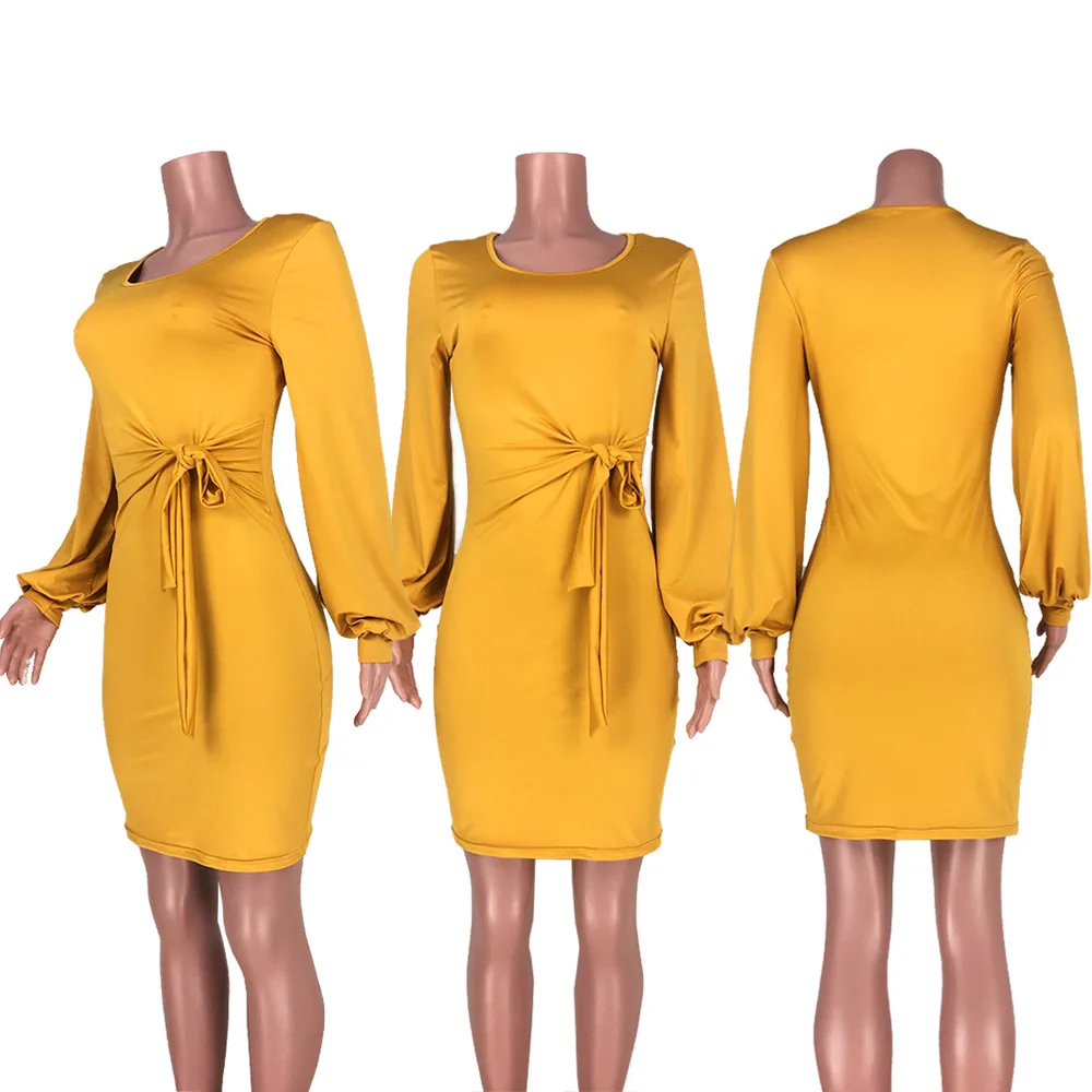 

Women Slim Fit Dress Tie Up Ruched Office Lady O Neck Long Lantern Sleeve Dress Elegant High Waist Skinny Party Dress