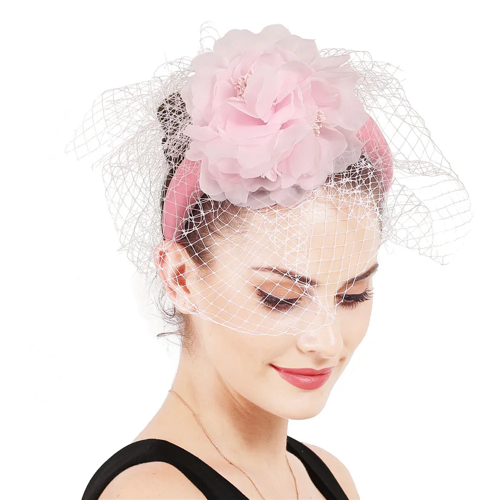 

New Fashion Pink Wedding Fascinators Bridal Women Elegant Headwear Veils Headbands Accessories Girs Party Tea Flower Hairband