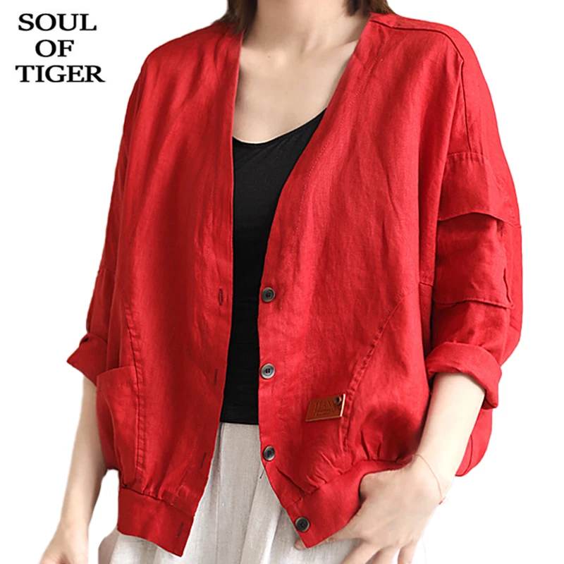 SOUL OF TIGER-chaquetas de lino y algodón para mujer, abrigos Vintage holgados con cuello en V, ropa informal de talla grande, color rojo, nuevo diseño, 2021