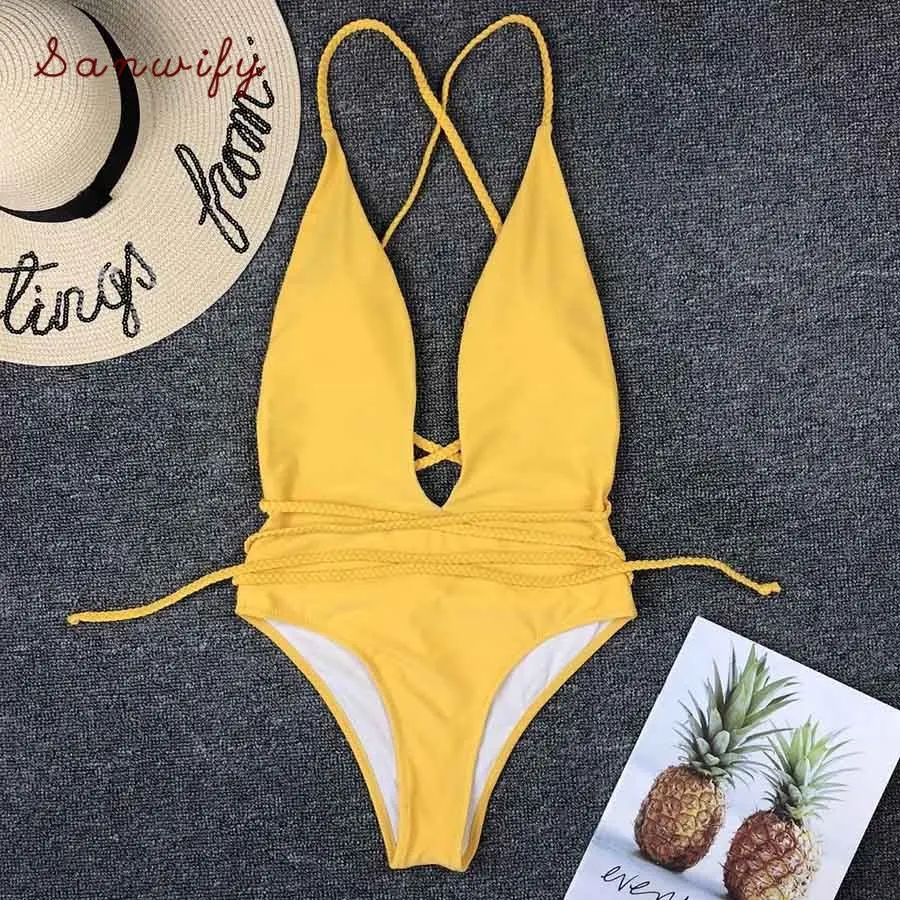 

Yellow Bikini Women Swimwears Long Bandage Strap Wrap Around One-piece Swimsuit Deep Neck Bathing Suit Bodysuit