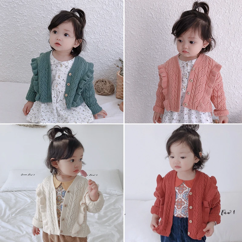 Демисезонный милый однобортный кружевной свитер с V образным вырезом для девочек