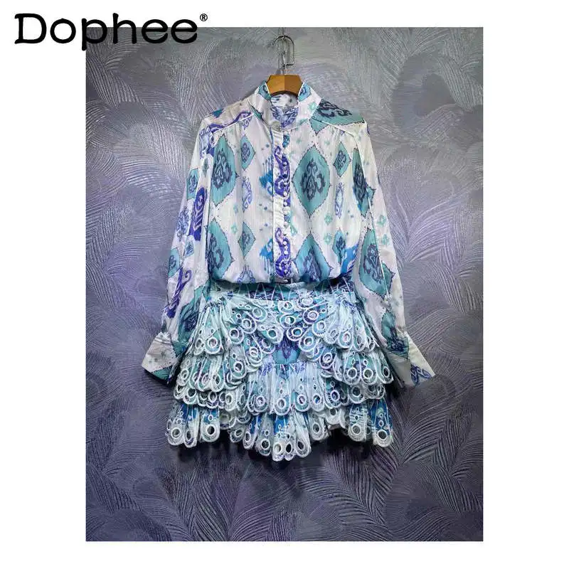 

Women Skirt Suit 2021 Spring Summer Fashion Long Sleeve Printed Shirt+High Waist Irregular Peacock Blue Mini Skirt Two Piece Set