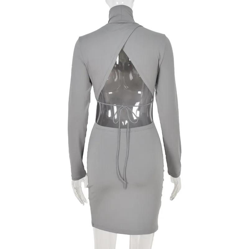 

WJFZQM Sexy Hollow Out Bandage Backless Dress Women Slim Autumn Winter Turtleneck Long Sleeve Bodycon Mini Sexy Club party Dress