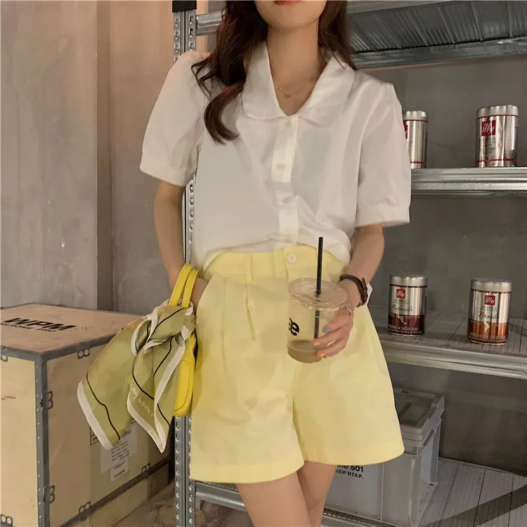 

COIGARSAM Short Sleeve Shirt Womens tops Loose Women shirts Green Pink White 93297