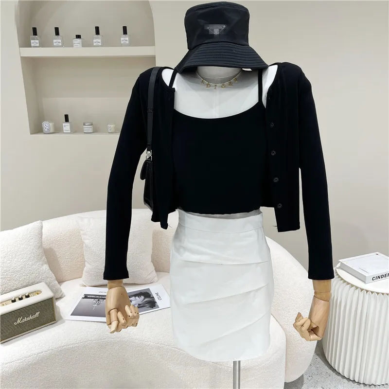 

Two Piece Set Women Spring Summer Fashion Niche Design Casual Versatile Long Sleeve Threaded Cardigan Solid Slim Suspender Vest