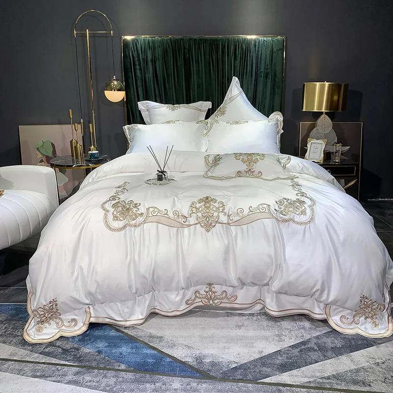 

Luxury Chic Embroidery Breathable Silk Cotton Bedding Set Queen King Double Duvet Cover Set Bed Linen Pillowcases Home Textile