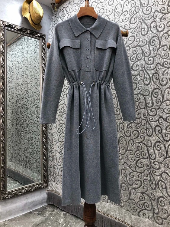 

Женское однотонное платье с длинными рукавами, модное однотонное платье с лацканами, симметричными карманами, поясом на кулиске, новинка 2021