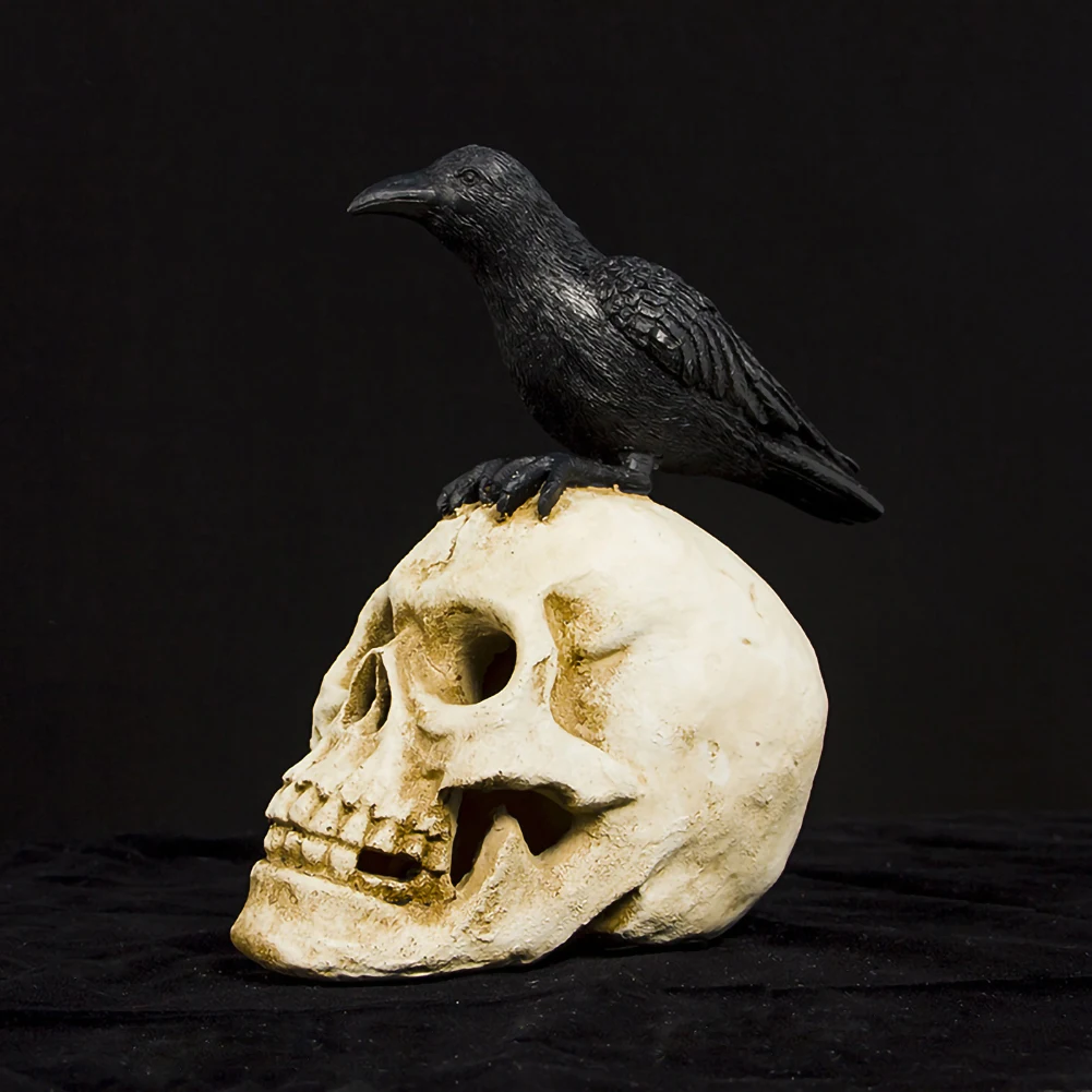 Halloween Black Crow Skull Head Figurine Ornament Skeleton Bones Gothic Art 26x25cm/10.3x9.9inch | Дом и сад