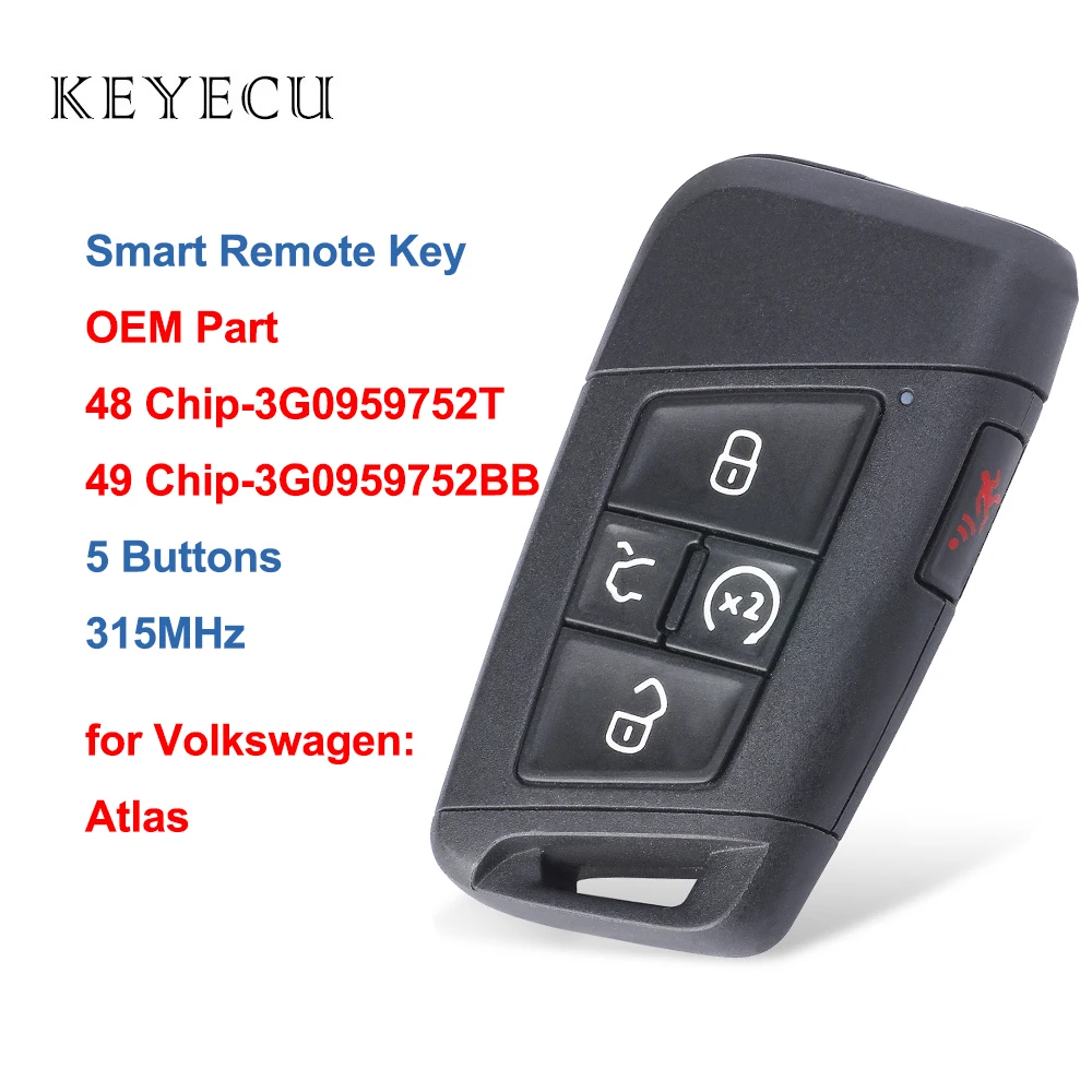 

Keyecu 3G0959752T / 3G0959752BB KR5FS14-US OEM дистанционный смарт ключ-брелок 5 кнопок 315 МГц 48 / 49 чип для Volkswagen VW Atlas 2018
