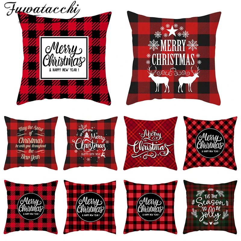 Чехол для подушки Fuwatacchi Merry Christmas Gift красный черный плед декоративные наволочки