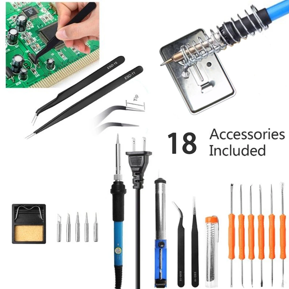 

EU/Plug 10V/220V 60W Thermoregulator Soldering Iron Kit Screwdriver Desoldering Pump Tin Wire Pliers Welding Tools Bag