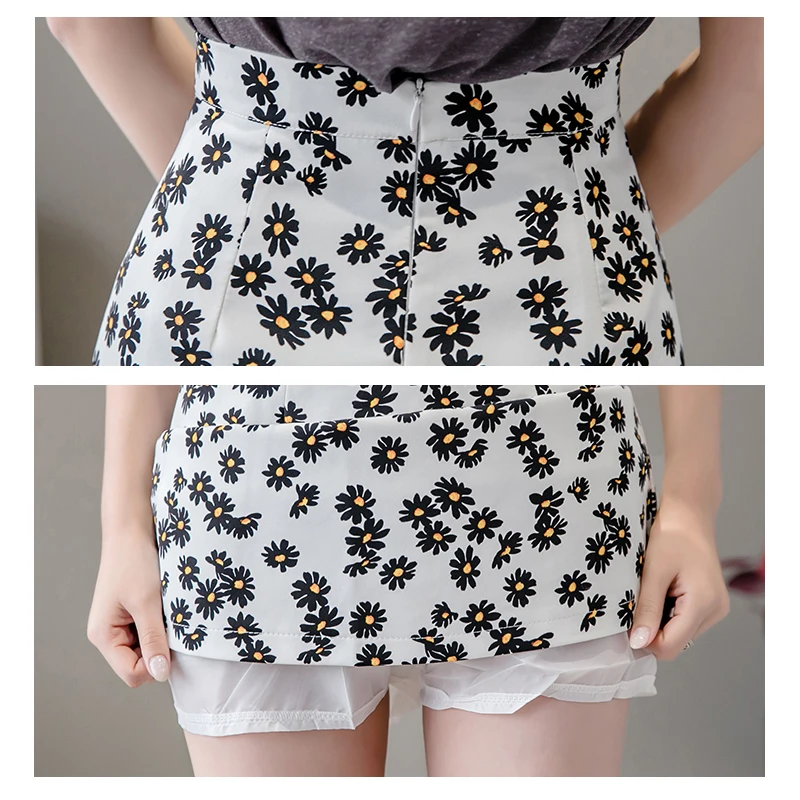 

Fashion High Waist Mini Skirt Summer Flower Print Lined A-line Package Hip Slim Women's Skirts Korean Vintage Floral Faldas Jupe