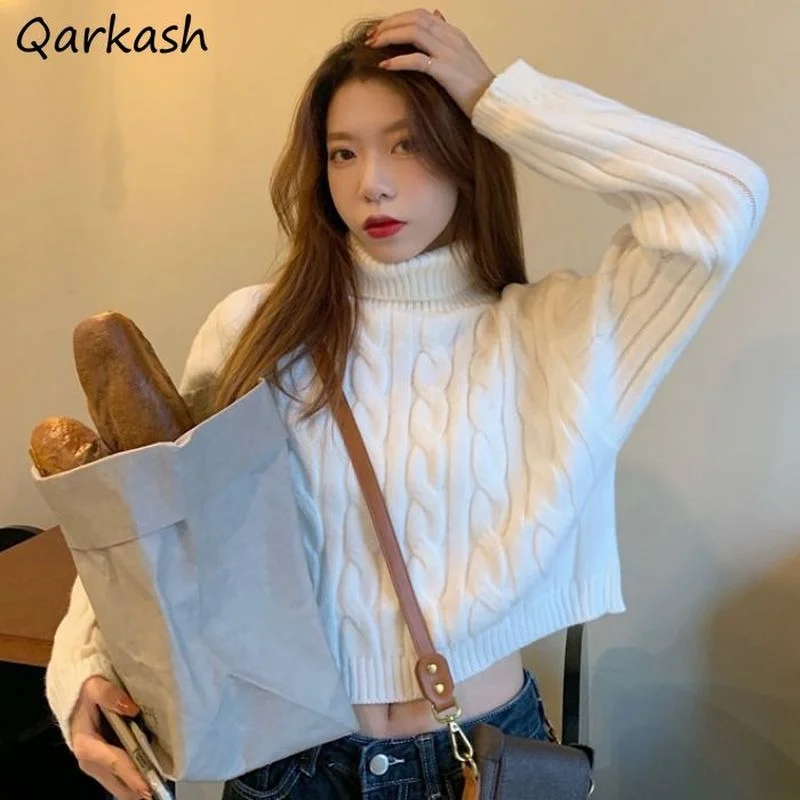 

Pullovers Women Crops High Street Knitting Simple Female Harajuku All-match Turtleneck Cozy Solid Popular Sweater Basic Clothing