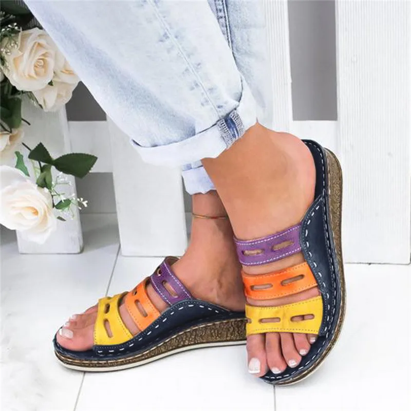 

MoneRffi 2021 Summer Women shoes Three Color Slippers Beach Wedge Ladies Sandals Slip On Thick Bottom Retro Female Slippers
