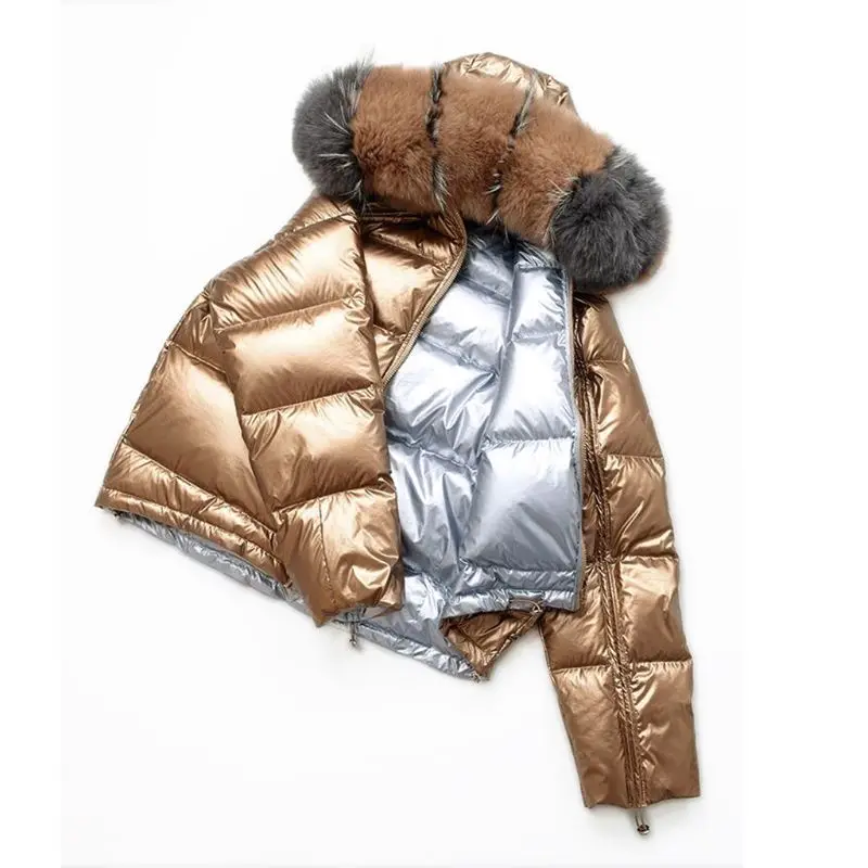 

Women Winter Duck Down Jacket Coat Fur Collar Double Sided Hooded Ladies Parkas