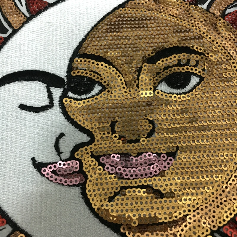 

Half Moon Half Sun God Face Sequined Iron on Patches for Clothes Jacket DIY Embroidery Appliques Large