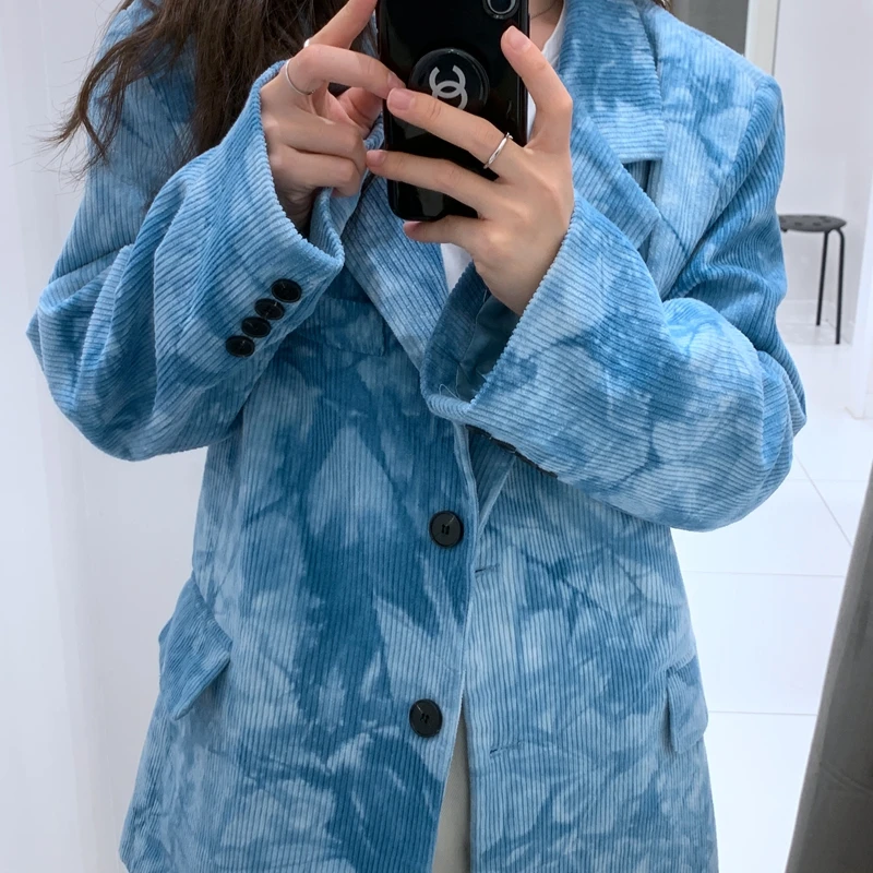 

OL Notched Elegant Vintage Print Cordury Blazer Jacket 2021 New Autumn Spring Commuting Women Blazers Loose Suit Coat