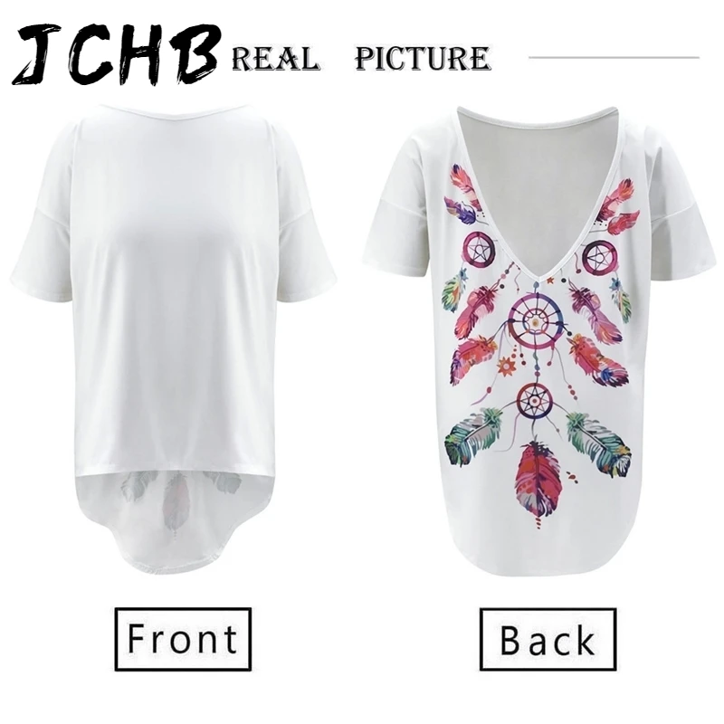 

Summer Women T-shirts Casual O Neck Backless Short Sleeve Floral Print Loose Sexy White Tee Tops Ladies Asymmetric Pullover Tops