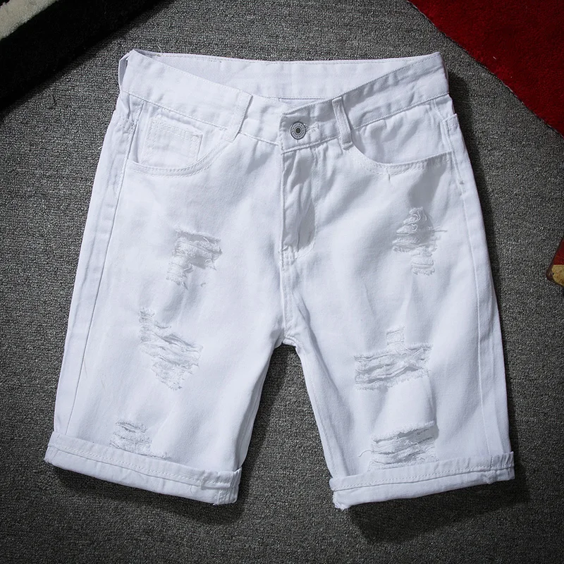 

Men White Denim Shorts New Summer Men Holes Casual Shorts Jeans Men Cotton Solid Slim Fit Shorts Pants Knee Length Pants