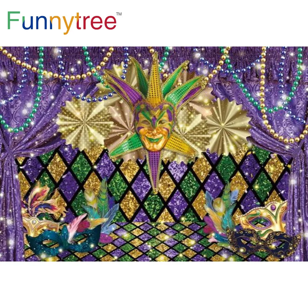

Funnytree Mardi Gras Party Backdrop Mysterious Purple Gold Glitter Carnival Masquerade Photography Custom Decor Background Prop