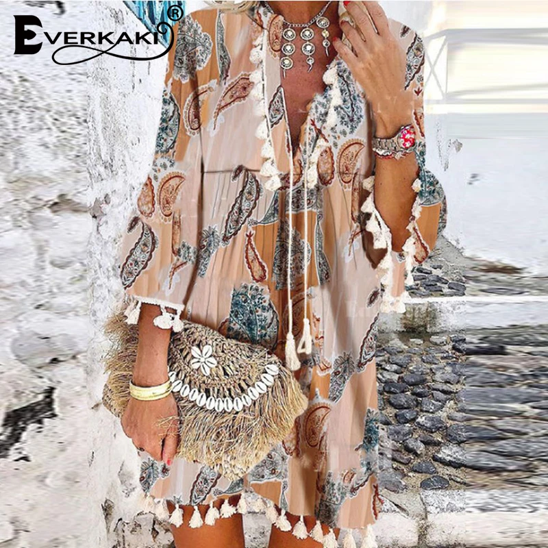 

Everkaki Tassels Boho Print Mini Dress Women Vestidos Summer Beach Tunic Sexy Ladies Plus Size Bohemian Short Dress Female 2021