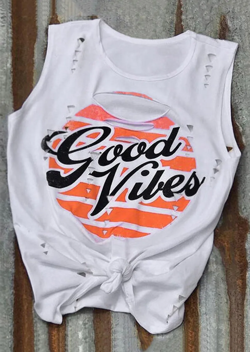 Майка с выемкой топ женские футболки без рукавов принтом Good Vibes модные белые