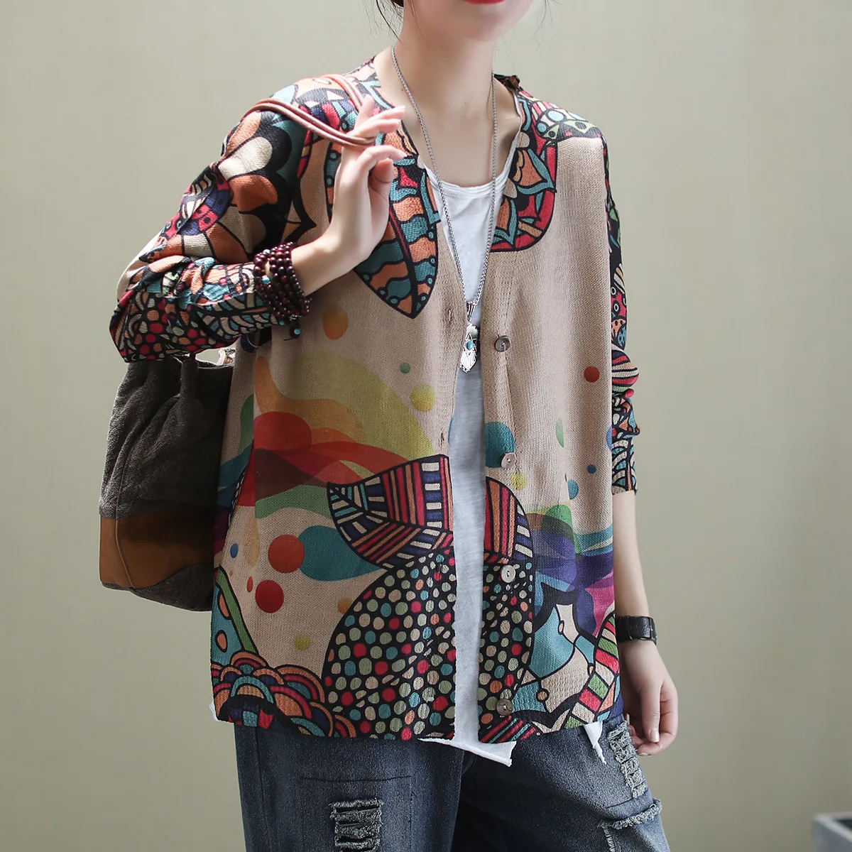 Женский свободный кардиган с принтом Повседневный свитер большого размера в