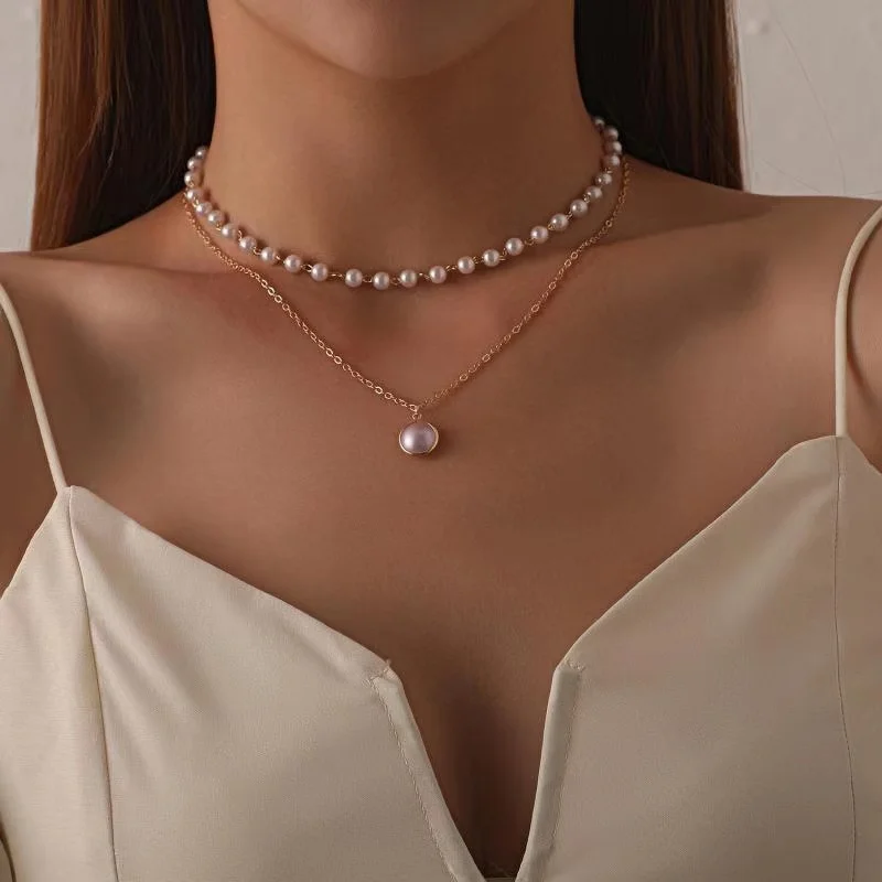 

2021 New Fashion Korean Pearl Choker Necklace Cute Double Layer Chain Vintage Pendant Necklaces For Women Jewelry Girls Gift