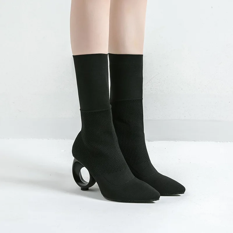 

Fashion Women Lady black sock knitting stretch Poined Toes Strange Heel high heels shoes Ankle boots Short boots pumps