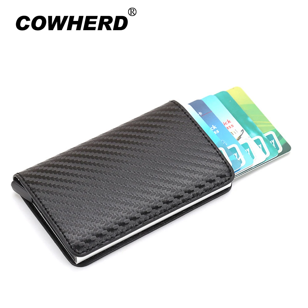 

RFID Aluminum Alloy Credit Card Holder Anti-theft Men Automatic Card Case Metal Carbon Fiber Leather Wallet