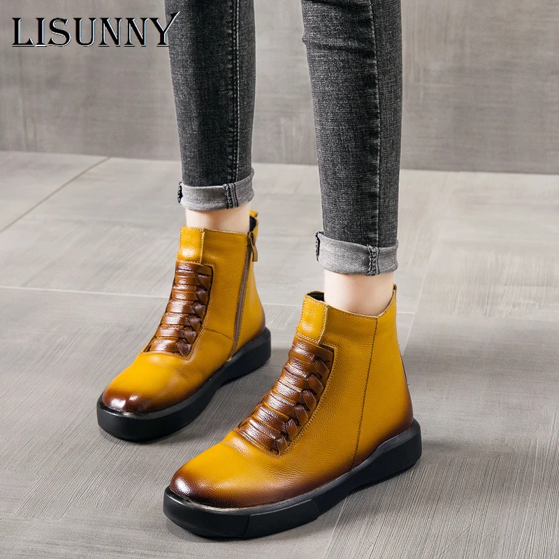 LISUNNY/осенне зимние женские ботильоны из натуральной кожи на плоской подошве