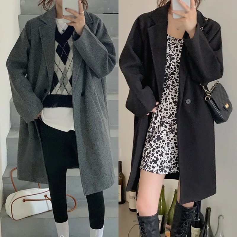 

fast fashion women's wear ~ 2021 new Korean version thickened loose medium and long sleeved woolen jacket for women
