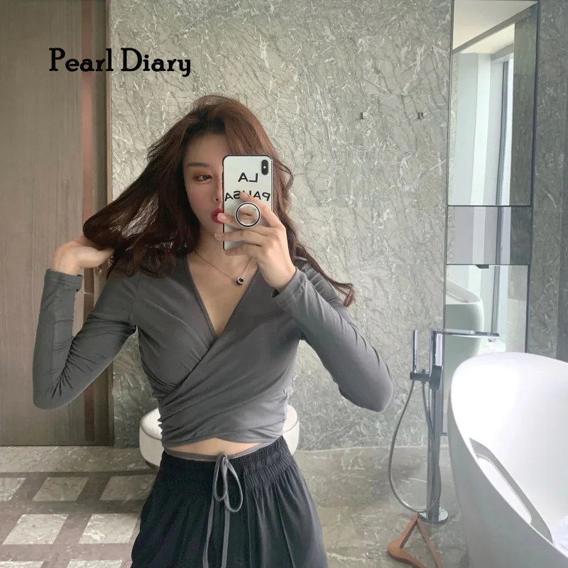 

Pearl Diary Women New Spring Autumn Solid Color V-neck Crossover Strap Retro Sexy Long Sleeve T-Shirt Fashion Knitting Top