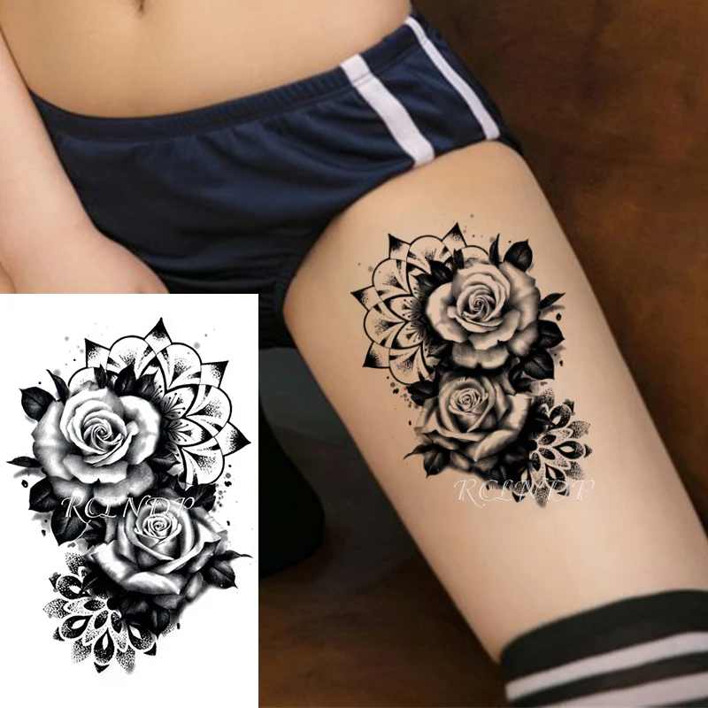 

Waterproof Temporary Tattoo Sticker Black Design Rose Flower Leaf Plant Fake Tatoo Flash Tatto Body Art for Girl Women Men