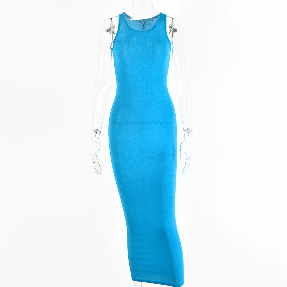 

FASHSTREET Casual Solid Color Elasticity Bodycon Maxi Dress 2021 Summer Women Sleeveless O Neck Skinny Dress Simple Party Street