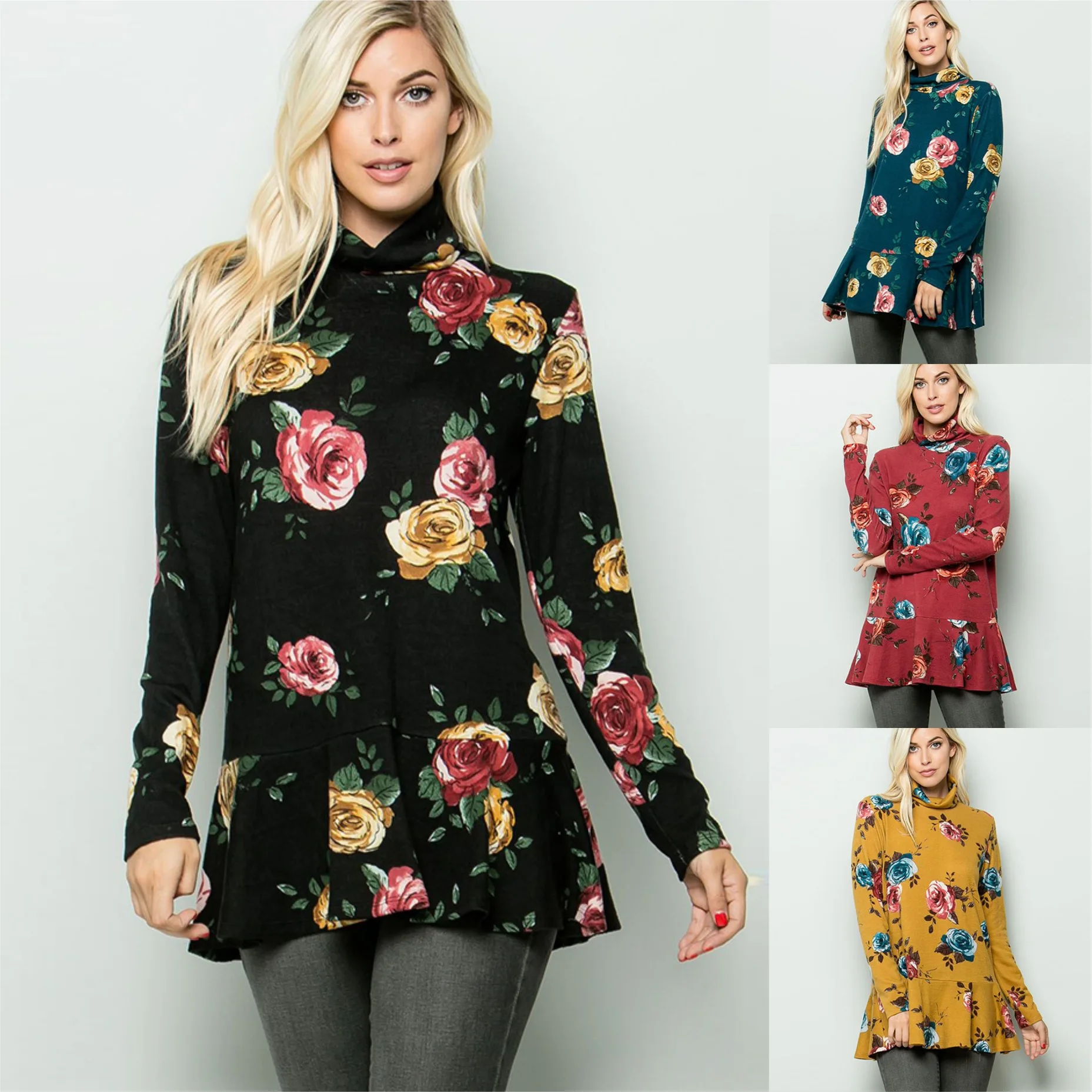 

The new autumn/winter 2021 women's high-collar plus-size casual printed long-sleeve T-shirt flounces pullover shirt topfashion